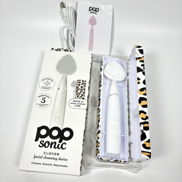 Pop Sonic Clover Facial Cleansing Device White w/ Snow Leopard Case NEW BoxDmge - Picture 1 of 4